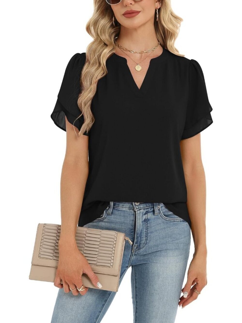 Women's Dressy Casual Shirts Short Sleeve V Neck Work Blouse Chiffon Top Black - Picture 5 of 6